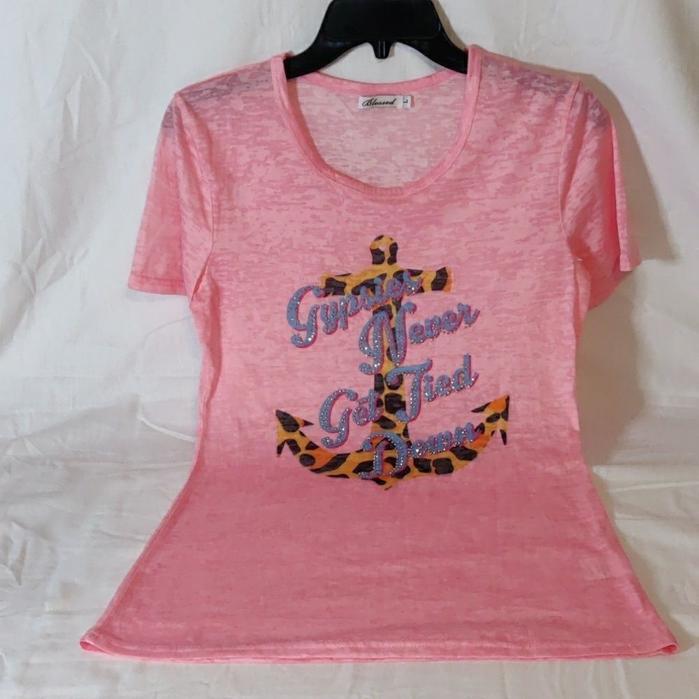 Blessed Pink Burnout Gypsy & Anchor‎ Short Sleeve T-Shirt Size L